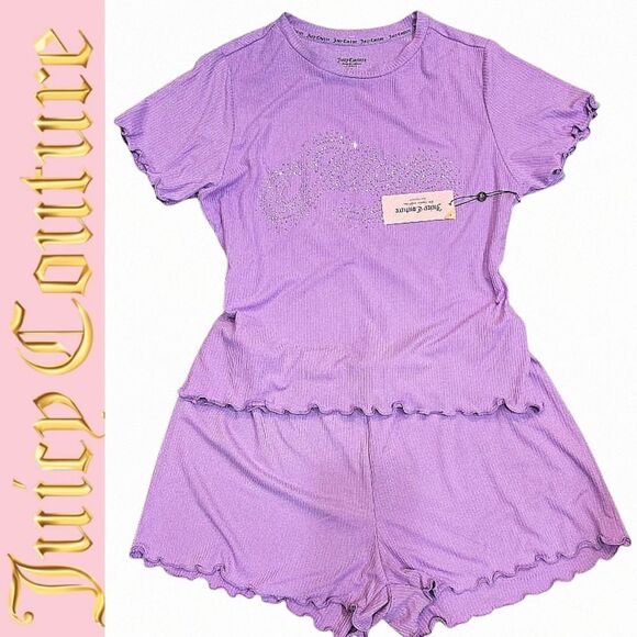 Juicy Couture Rhinestone Logo 2-PC Ribbed Short & Tee PJ Set - Picture 1 of 6